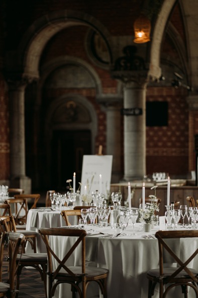 styled dinner tables in a church